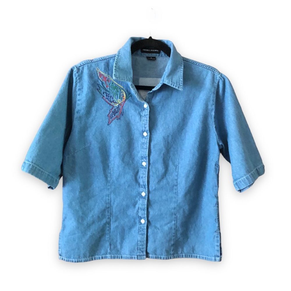 Sierra Pacific Short Sleeve Denim Jean Button Up Rainbow Butterfly Embroidery